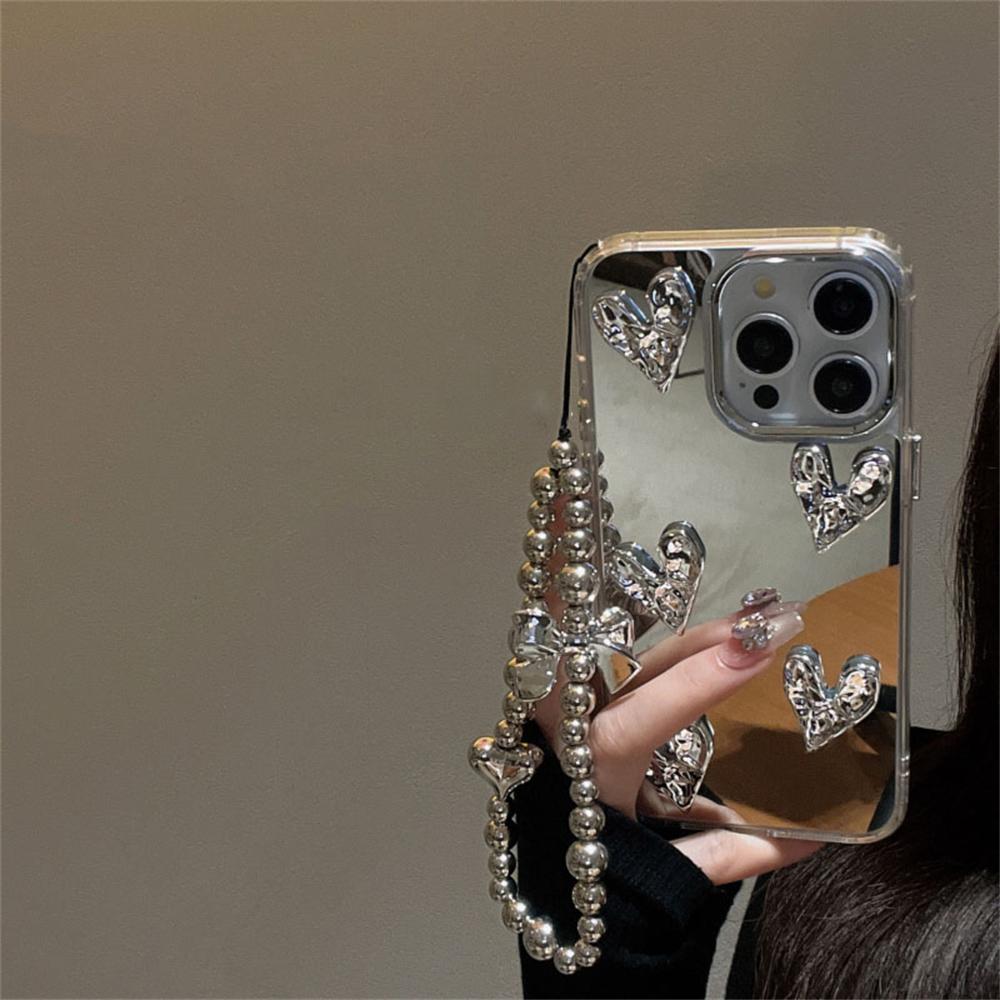 Luxury 3D Love Heart Silver Mirror Bracelet Case for iPhone 16 15 13 14 12 11 Pro Max 7 8 16 Plus X XS XR XS Max INS Back Cover