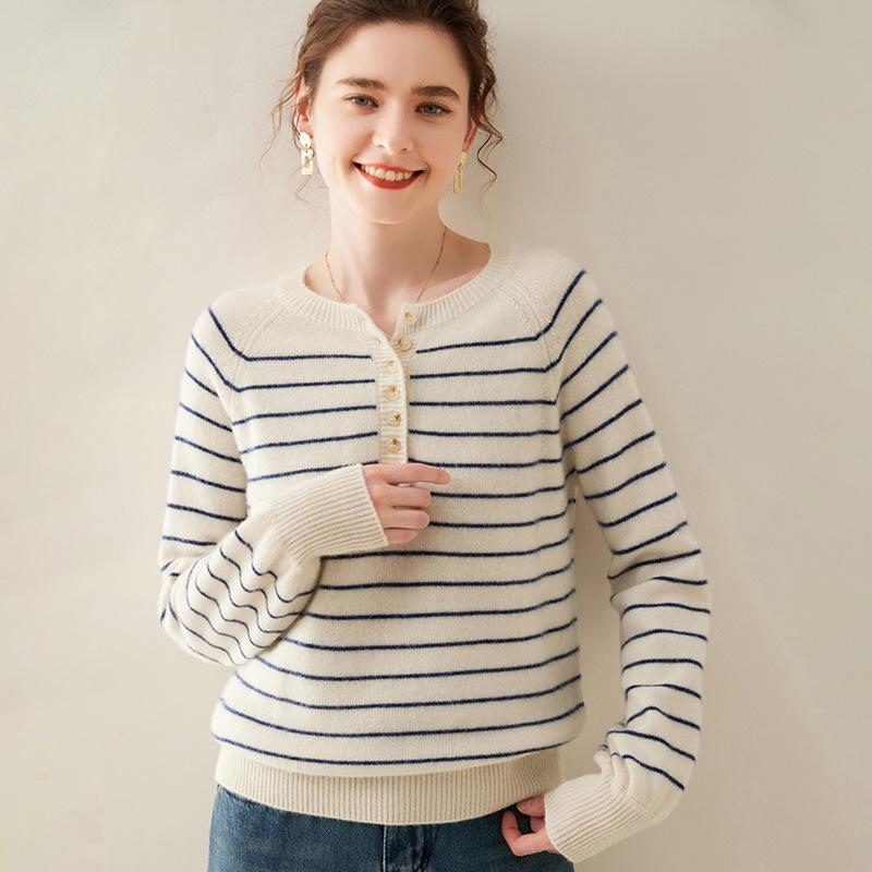 Women's Striped Cashmere Round Neck Button-Up Sweater - Long Sleeve Wool Knitwear for Autumn/Winter
