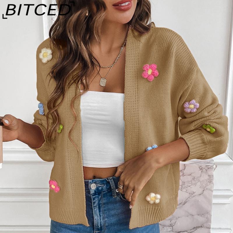 BITCED Hand-Crocheted Floral Sweet Knit Cardigan Sweater Jacket for Women Lazy-Chic Style Casual Oversized Knitwear