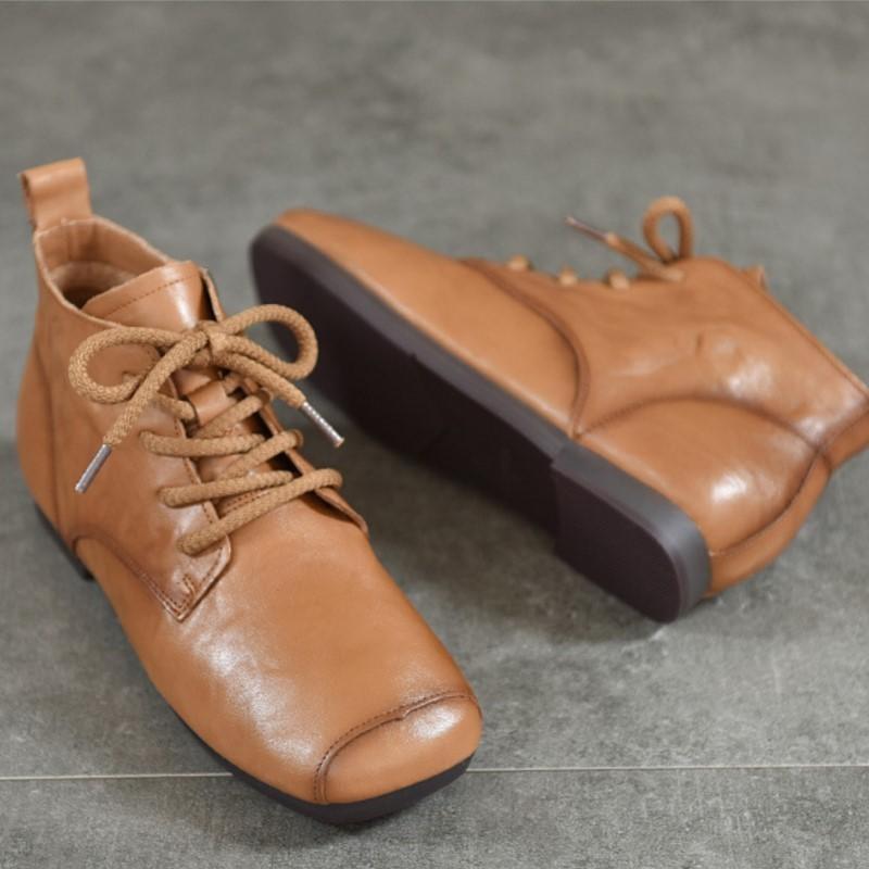 Johnature Genuine Leather Pleated Short Boots Round Toe Soft Sole Lace Up Versatile Women's Shoes