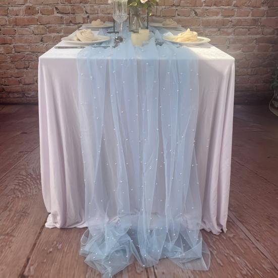 Yousheng 9.8FT Gauze Table Runner Chiffon Cheesecloth Table Runner with Faux Pearls Dining Table Decor Cloth for Home Birthday Holiday Party