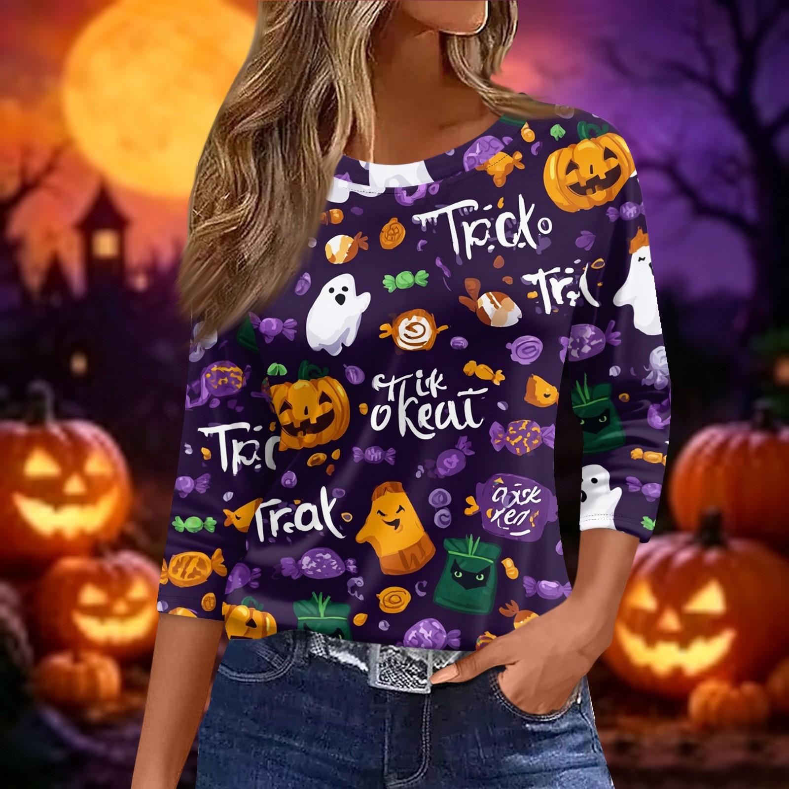Women s Halloween Printed T-Shirt, Three-Quarter Sleeve Round Neck Loose Fit Casual Tee S