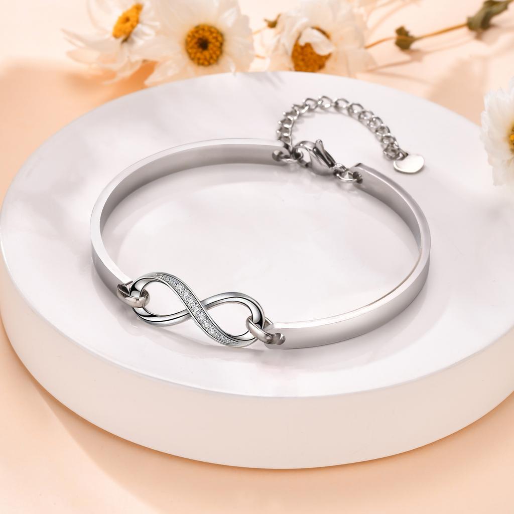 Luxury Zircon Infinity Bangle Bracelet for Women Girls Stainless Steel Hollowed Cuff Bracelets Fashion Charm Jewelry Party Gifts