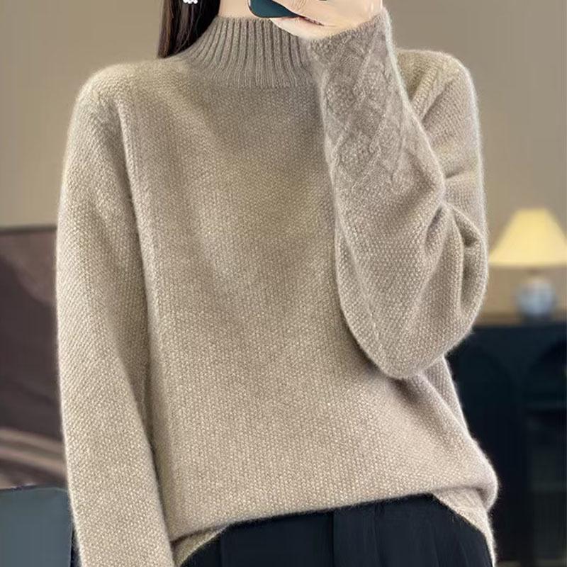 Women's 100% Wool Cable Knit Sweater, Half-High Neck, Loose Fit, Thick for Autumn/Winter