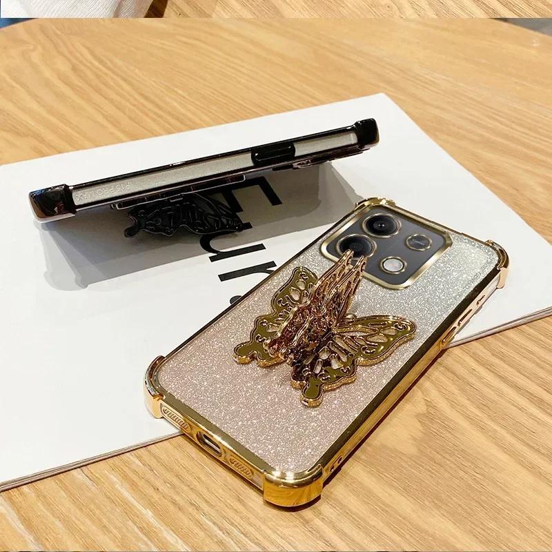 Etui z uchwytem 3D w kształcie motyla z powłoką galwaniczną dla Xiaomi Redmi 15C Note 15 Note 14 Pro Plus 14C POCO C85 4G 5G Odporne na wstrząsy etui z podstawką