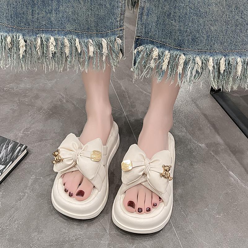 Fashion Women's Slippers Summer New Thick Bottom Round Head Open Toe Bow Sandals Casual Fashion Comfortable Soft Sole Slippers