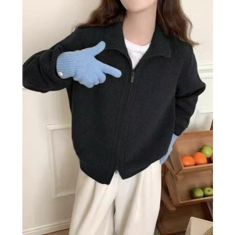 Modischer Strickmantel mit Stehkragen und Doppelreißverschluss für Damen, einfarbig, lässiger Strickcardigan im koreanischen Stil, Herbst Winter Pullover