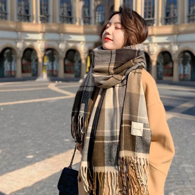 Checkered Printed Thick Women'S Shawl Paired With Tassel Shawl Casual Scarf