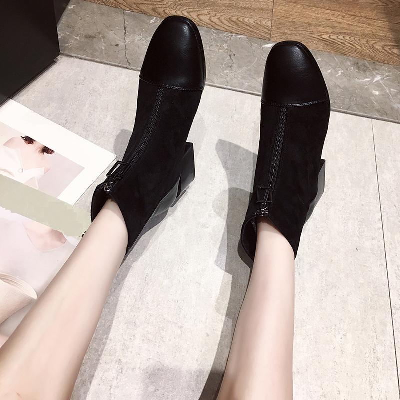 Women's Fashion Mid Boots Fashionable Boots with Front Zipper Thick Heel Suede Midsole Boots Leather Shoes Women's Shoes 35-40