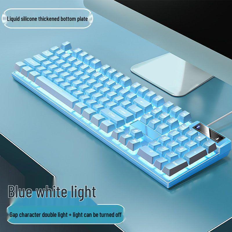 Blue & White Backlit Gaming Keyboard - Full Size Mechanical Feel, Wired USB