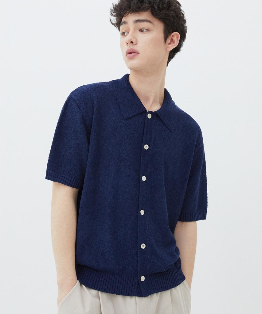 TRILLION Washable Boucle Collar Short Sleeve Knit (Current Navy)