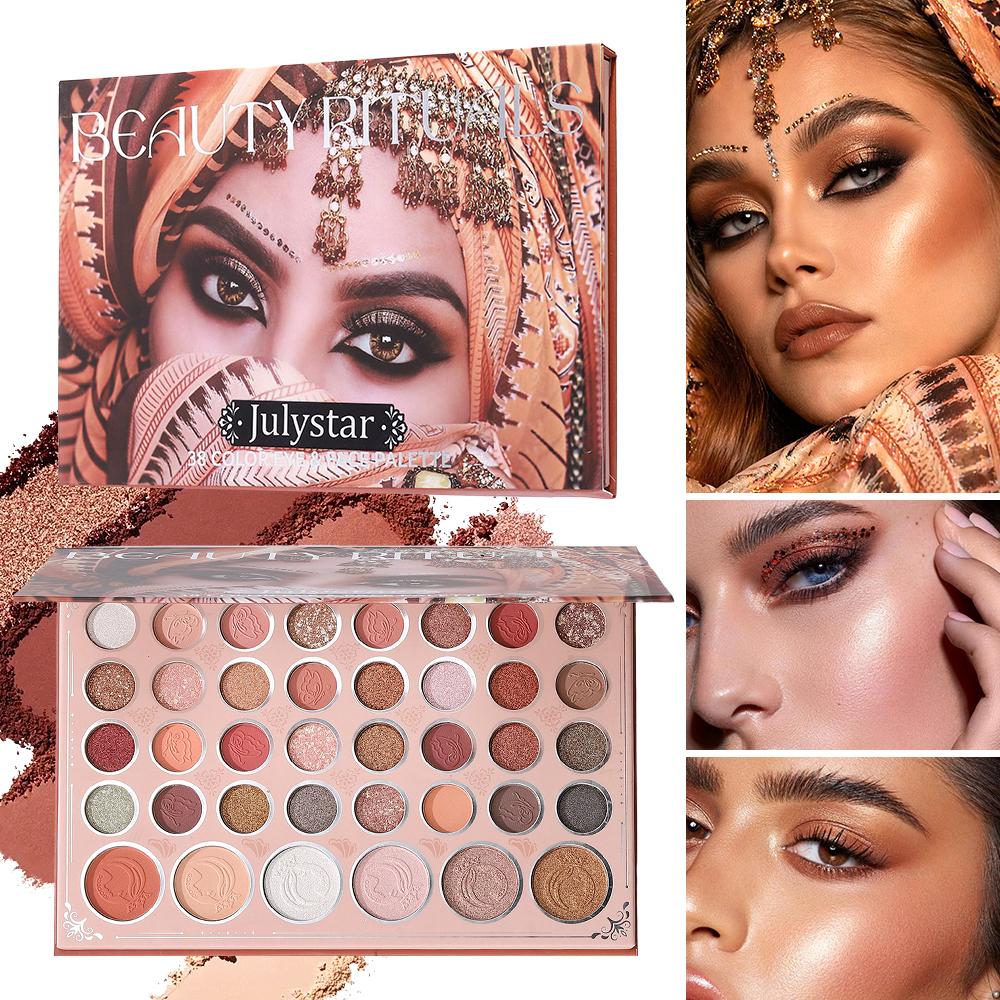 JULYSTAR 38 Color Eye & Face Palette Exotic Nude Shimmer Matte Eyeshadow Glitter Powder HighLight Blush Contour Long Lasting Eye Makeup Cosmetics