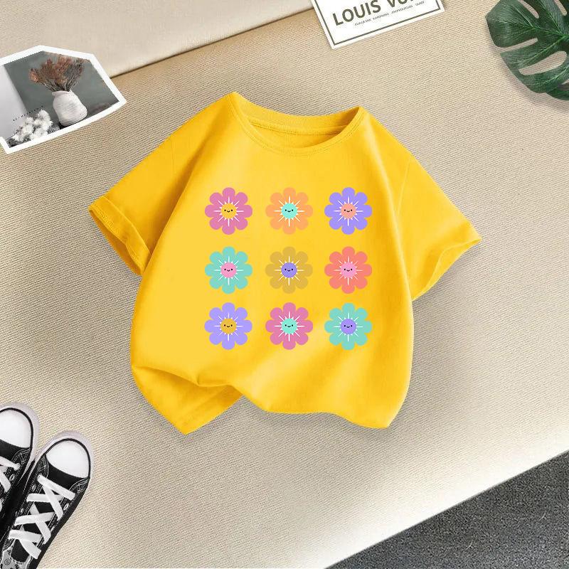 Children T-shirt FlowerPrinted Kids 100% Cotton Clothes Tops 2-13Y O-Neck Short-sleeve T-shirt