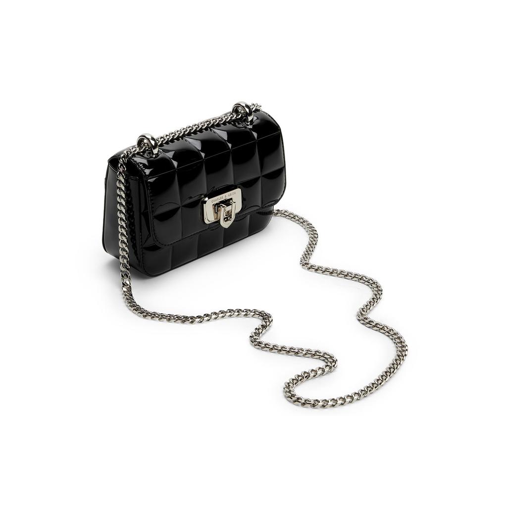 Charles & Keith Evening Party Mirror Checkered Chain Crossbody Bag Small Women bags Black Pink Silver CK2-80681154