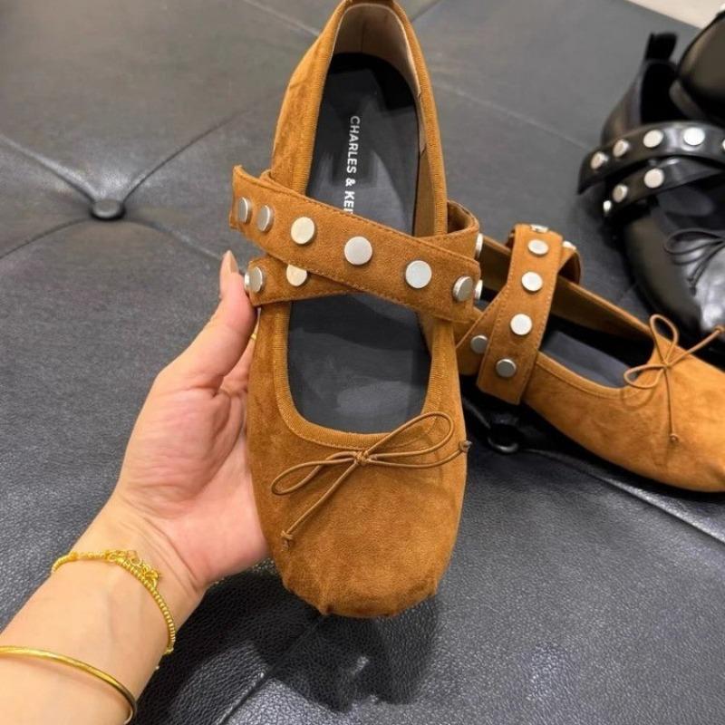 Autumn New Flat Bottom Rivet Ballet Single Shoes Women's Bow Round Head Rivet Mary Jane Shoes Women's