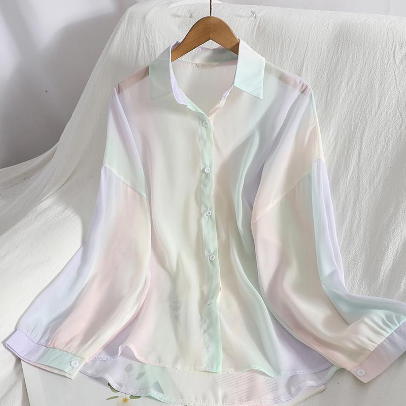 Mid To Long Length Chiffon Shirt Sweet Rainbow Color Breasted Shirt Summer Outfit Gentle and Versatile Sun Protection Shirt