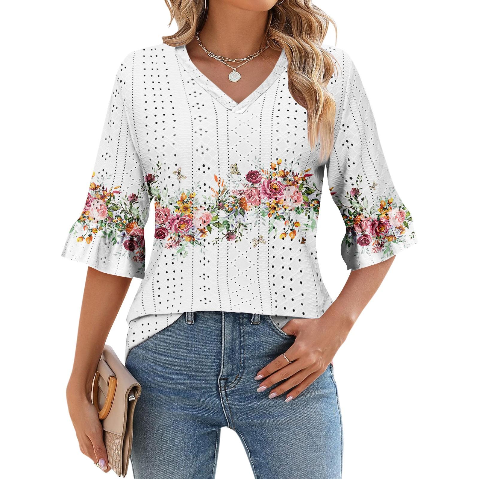 

Жіночі сорочки з рукавами 3/4, вільні футболки з принтом, V-подібний виріз, рукави, топи XL білий