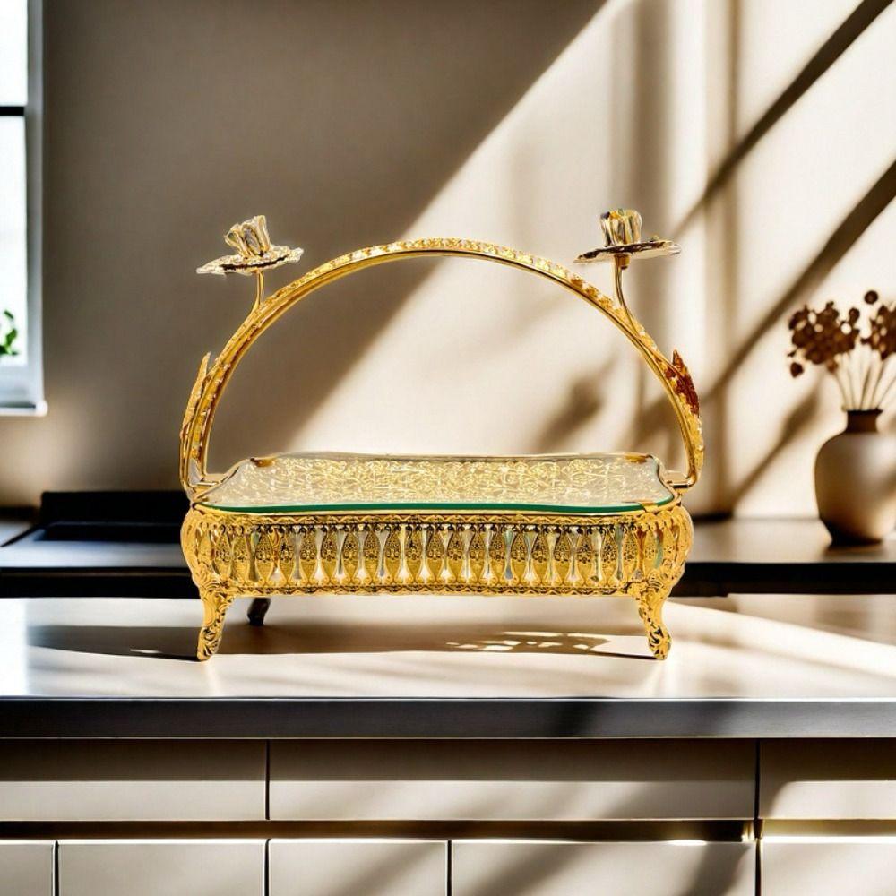 Desktop Ornament Metal Fruit Plate Creative Retro Storage Basket Handheld Multi-Function Golden Glass Plate Living Room