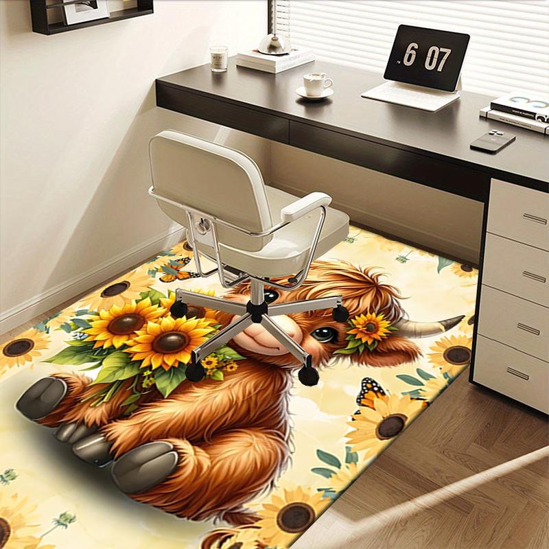Highland Bull Theme Chair Mat: Cute Cow with Sunflowers Office Carpet Large Size, Home Decor, Sofa Rug, Gift for Office and Living Room