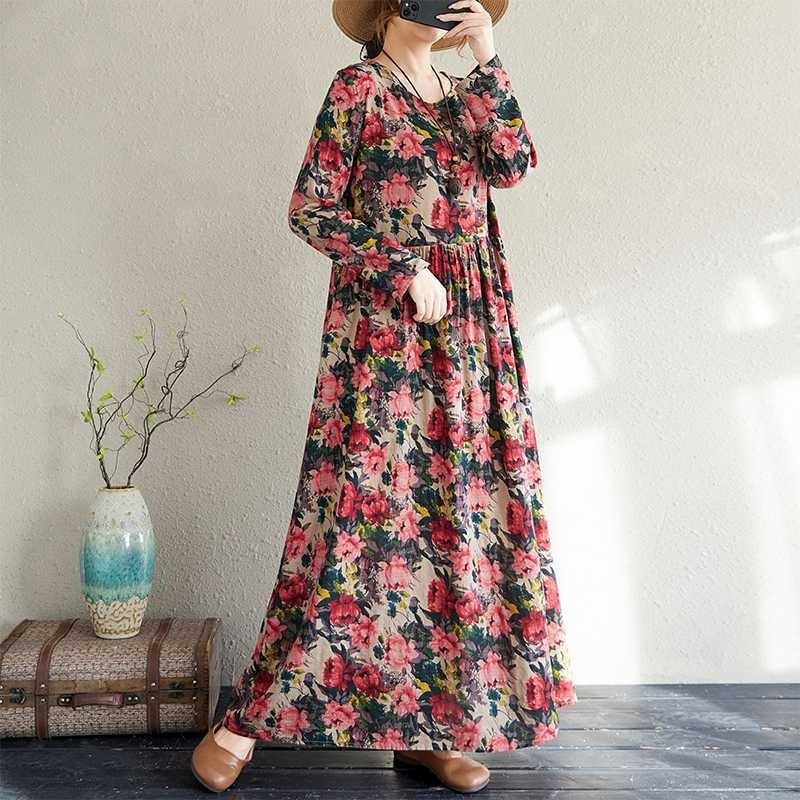 

Floral Vacation Style Travel Round Neck Vintage Dresses L