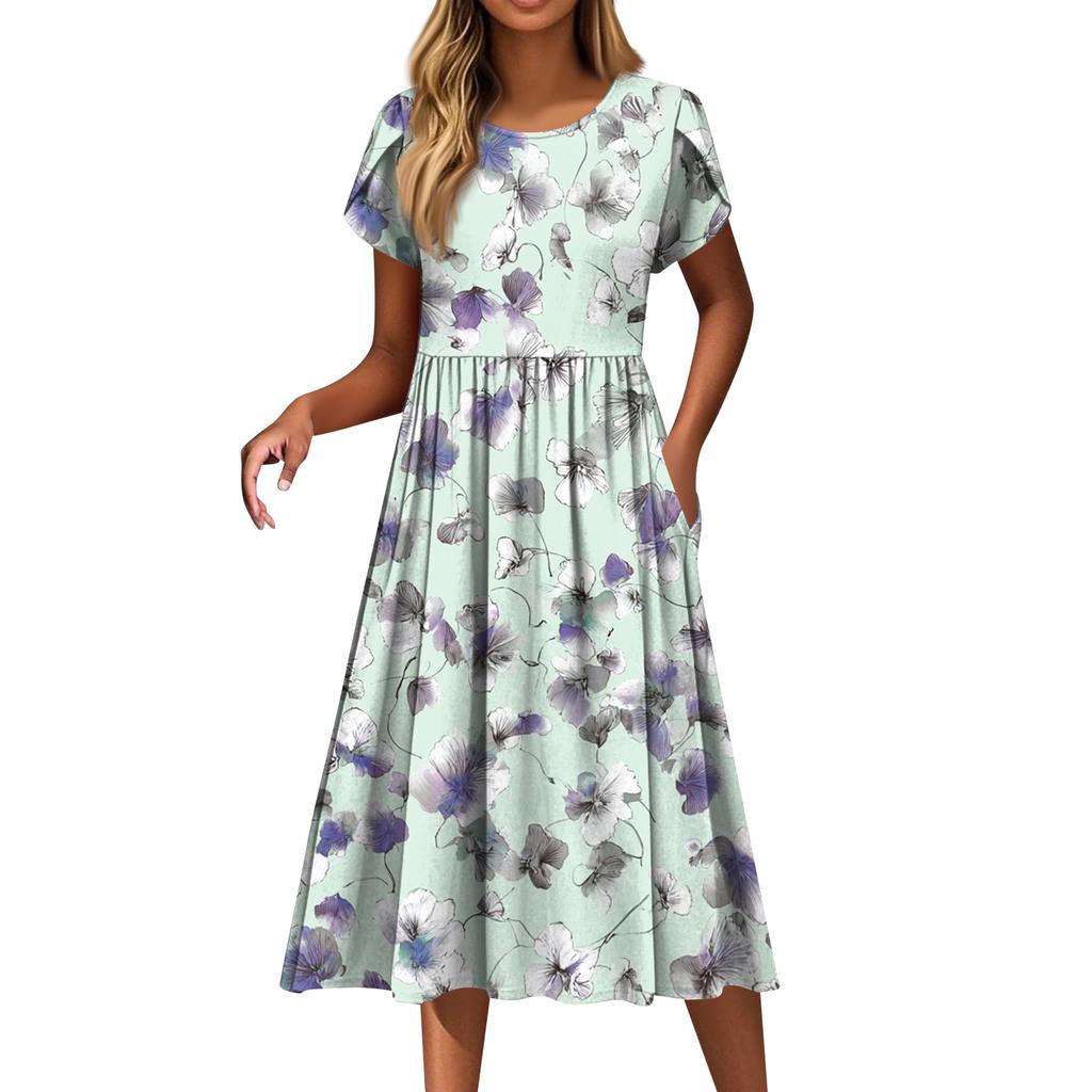 Women's Fashion Casual Loose Floral Print Round Neck Pocket Short Sleeve Dress