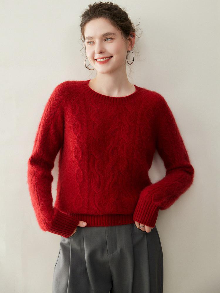 Women's 5-Needle Cable Knit Cashmere Sweater - Thickened 3-Ply, Round Neck, Long-Sleeve Pullover with Velvet Center & Wool.