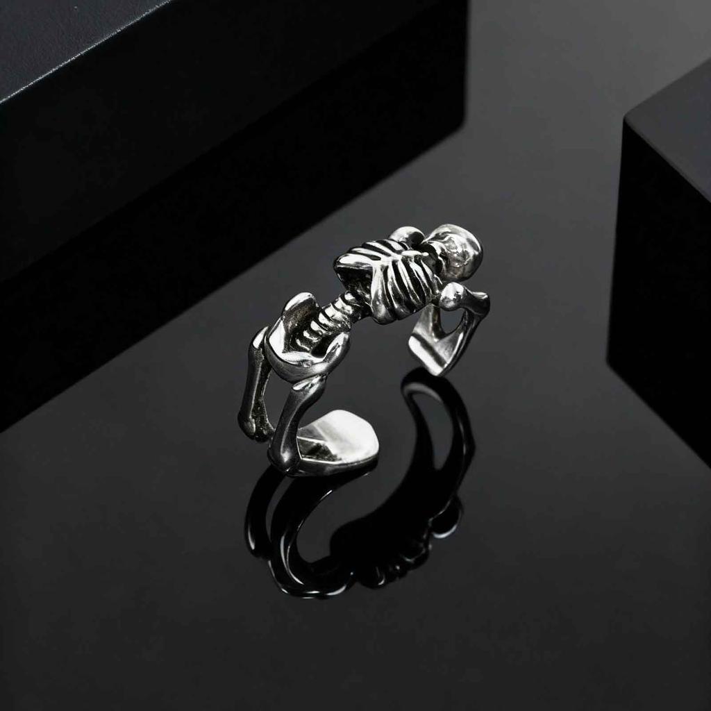 Kreativer Punk-Skelett-Öffnungsring für Männer, Retro Gothic Totenkopf Metallringe, Vintage Hip Hop Finger Schmuck Geschenk für Halloween