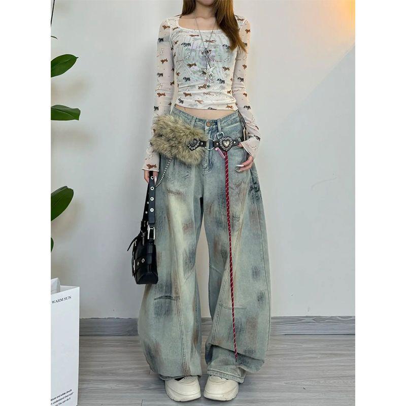 Retro American Low-Rise Tie-Dye Wide-Leg Jeans for Women - Summer 2025 Collection S