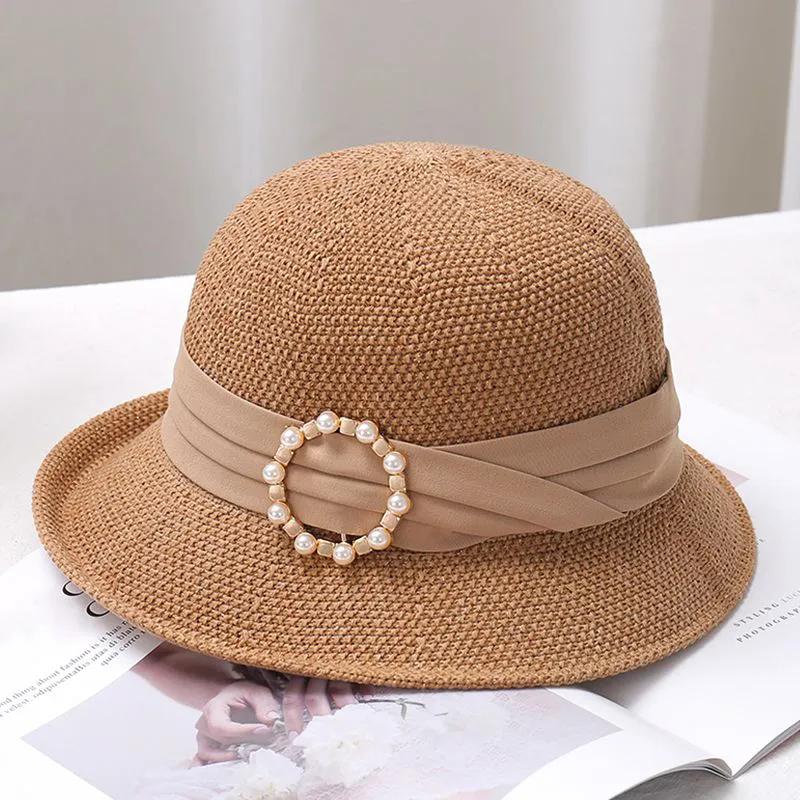 WTEMPO Spring Summer Solid Color Casual Versatile Breathable Kniited Hats Women's Wide Brim Retro Elegant Metal Buckle Perals Sun Hats