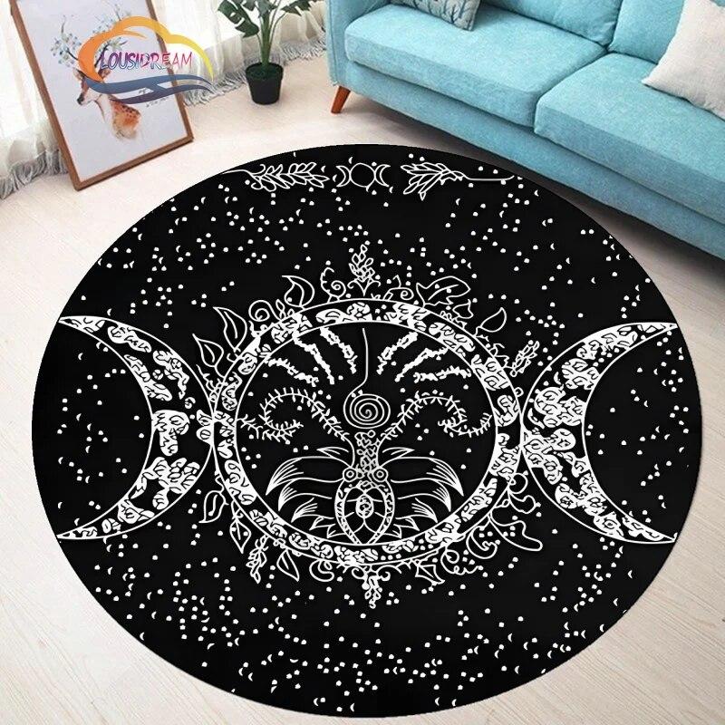

Pentagram Carpet Moon Satanic Round Rug Skull &, Wicca White on Black Goth Home Decor Mats 80cmx80cm