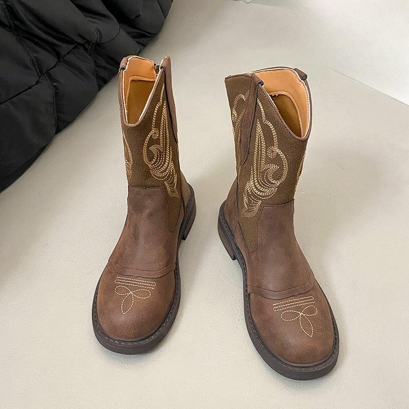 Fashion Women's Embroidered Booties Autumn New Round Toe Rear Zipper Non-Slip Wear-Resistant Block Heel Boots