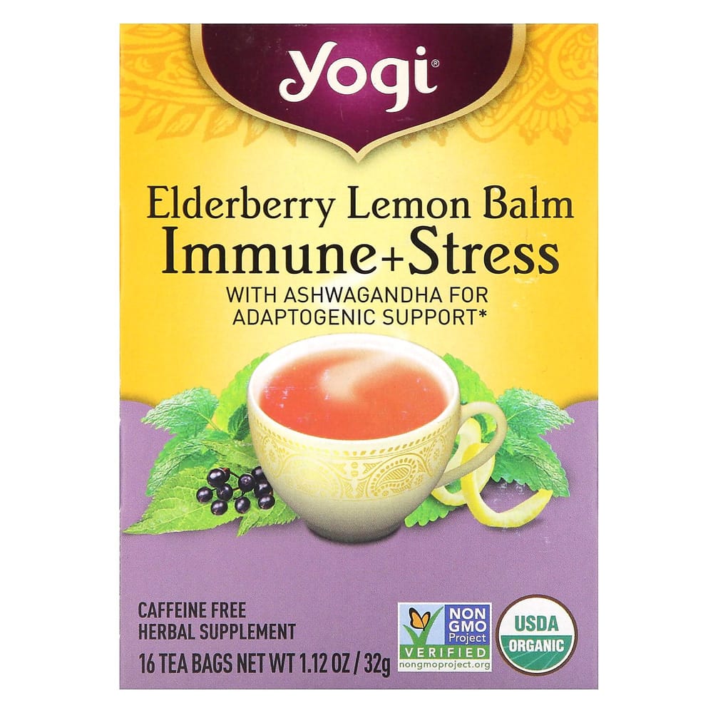 Yogi Tea Immune + Stress Elderberry Lemon Balm Caffeine-Free Tea, 16 Tea Bags