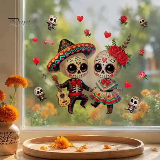 Waterproof Skeleton Art for Windows Halloween Cartoon Couple Window Stickers, PVC Day of The Dead Static Decals, Traditional Decorative Clings Mexican