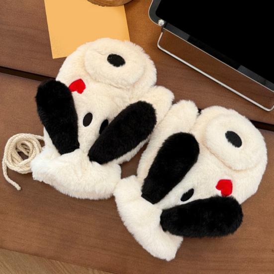 Cute Plush Dog Mittens Women Men Big Ear Dog Gloves Warm Fuzzy Animal Mittens for Winter Outdoor Street Daily Errands