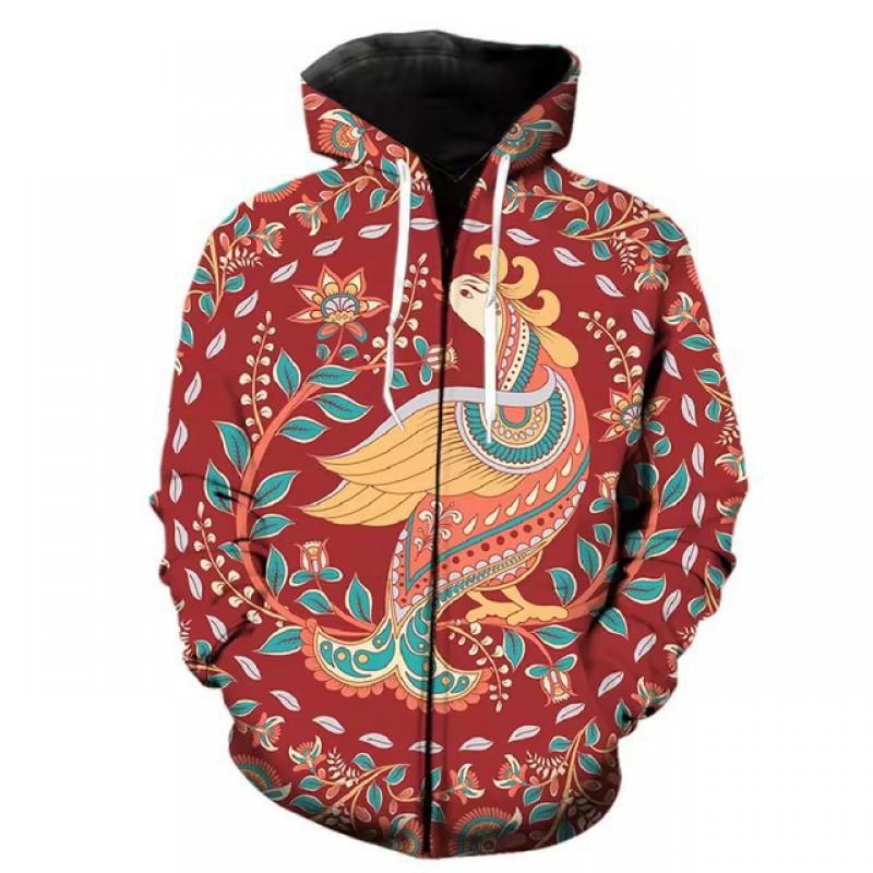 3D Digital Print Hooded Zip-Up Oversized Casual Sweatshirt Men Loose Fit Streetwear