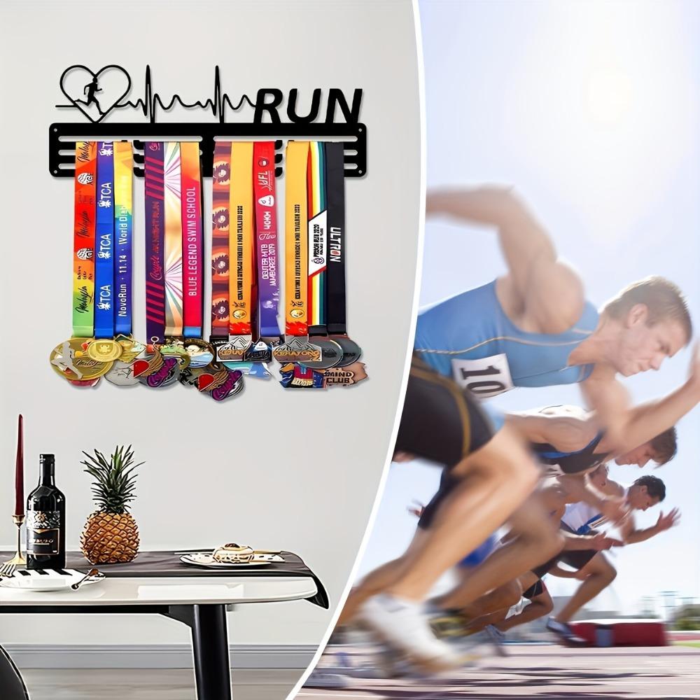 2D Flat Black Metal Medal Display Stand Hanging Storage Rack for Running Sports Medals, Home Office Wall Decoration, Gift for Athletes Fans