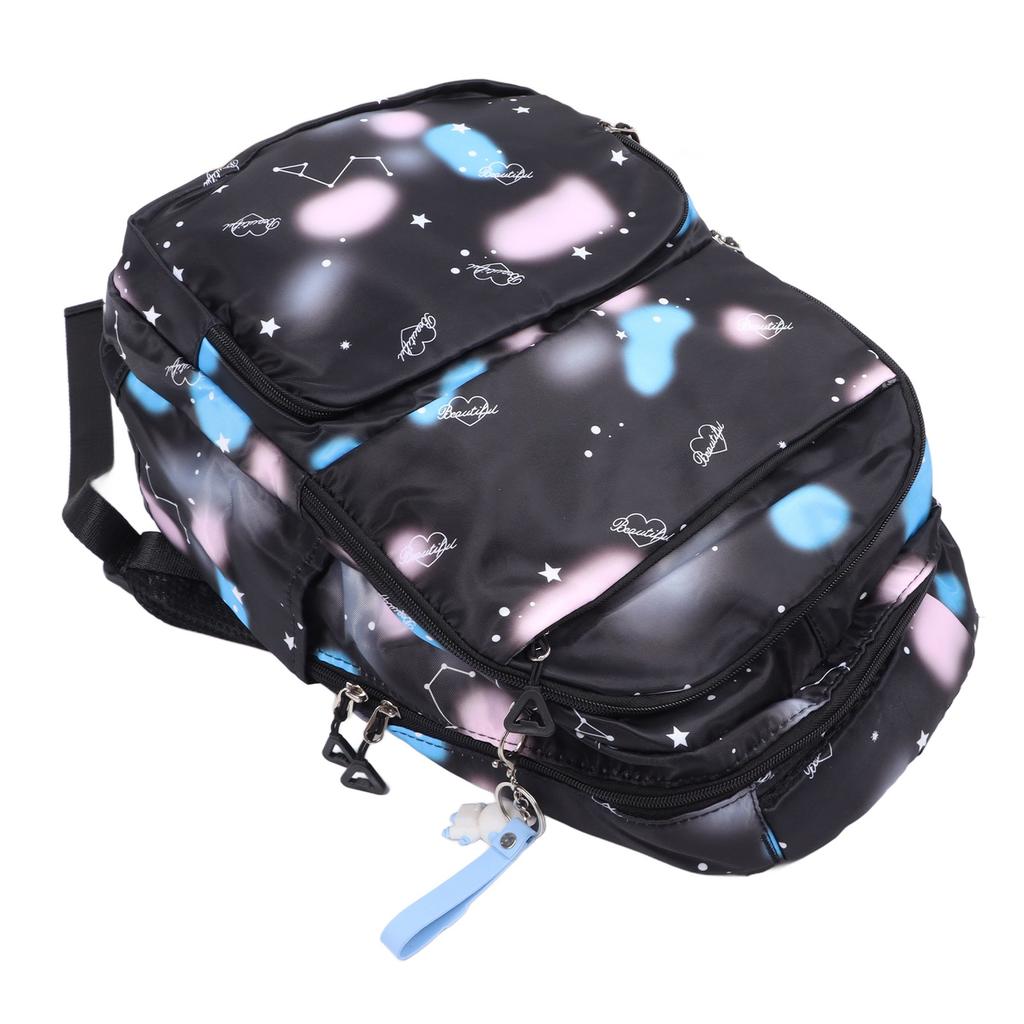 Students Backpack Large Capacity Beautiful Printing Zipper Closure School Shoulder Bag Black Nylon