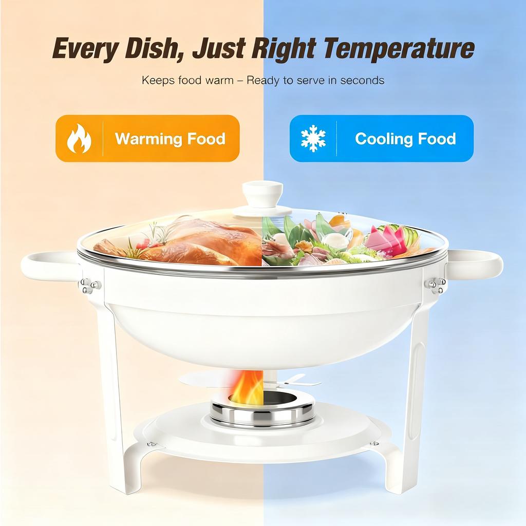 White Chafing Dishes for Buffet with Glass Lid (5QT, 1-2-4Pack), Stackable, Lid Holder for Party, Wedding