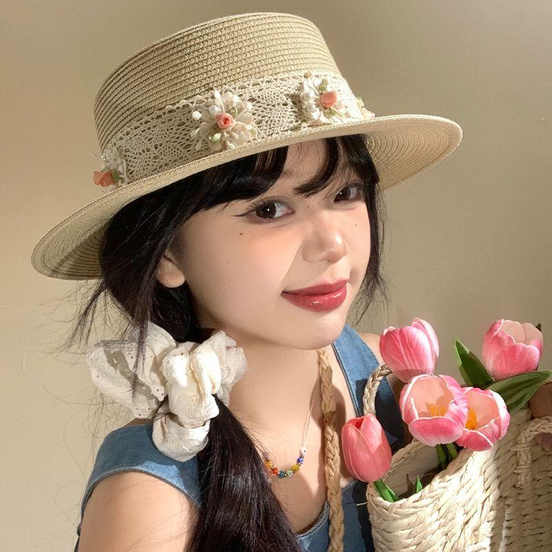 Butterfly Knot Flat Top Straw Hat for Women's Summer New Flower Lace Hat for Beach Shading and Sun Protection Straw Woven Hat