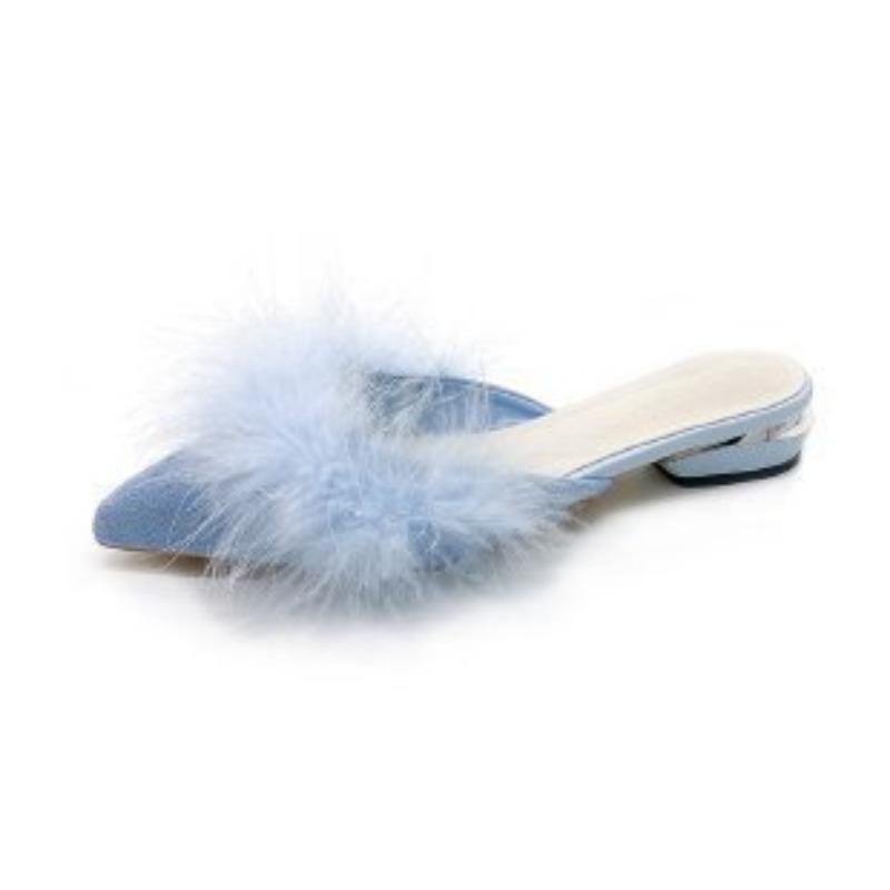 Pointed-toed fluffy shoes wearing bag-headed slippers for women's spring and autumn new large-size thick-heeled lazy half-slippers