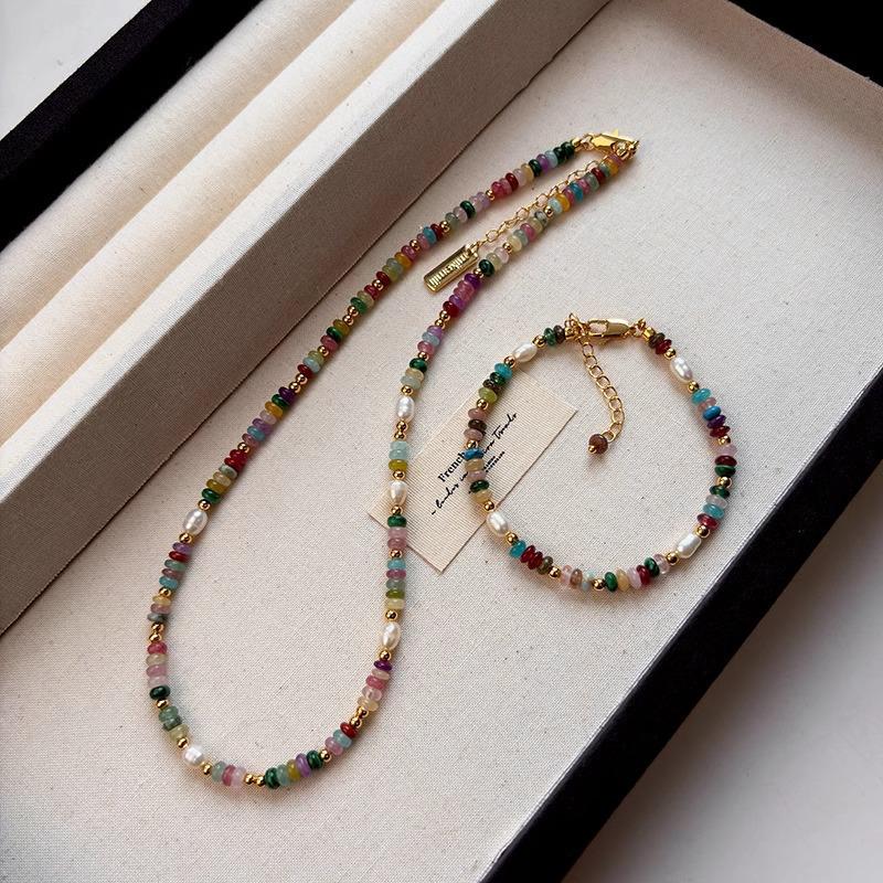 Retro Dopamine Colorful Freshwater Pearl & Natural Stone Crystal Necklace