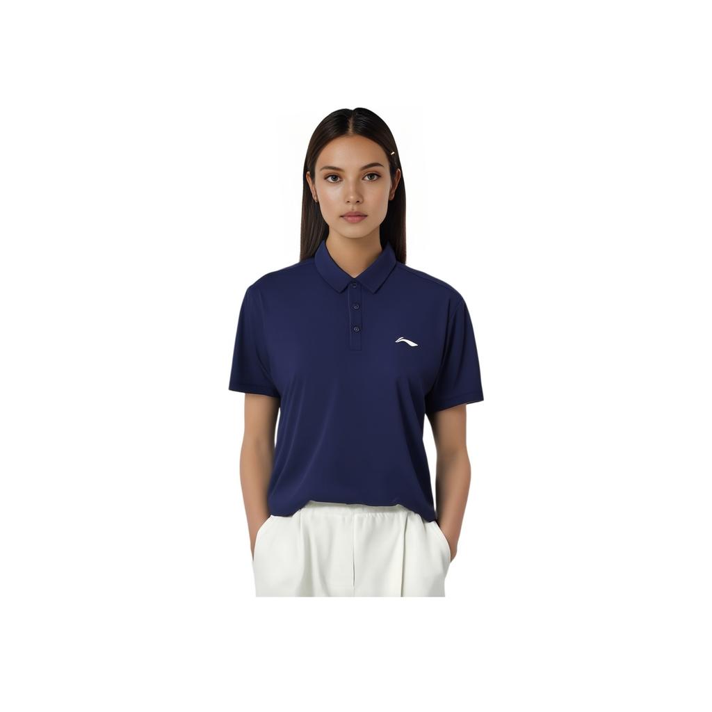 Li Ning Letter Logo Printed Round Neck Loose Comfortable Casual Early Spring Short Sleeve Polo Shirt Unisex Polo Shirts Deep-Navy APLV605-3