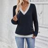 Women's Casual And Comfortable Three-button Color-blocked V-neck Long Sleeve