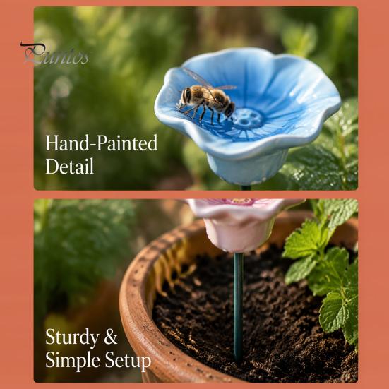 Garden Art for Nature Lovers Ceramic Bee Watering Station, Handmade Colorful Flower Bath, Mini Gardening Gifts Bird Watchers Pollinator Water
