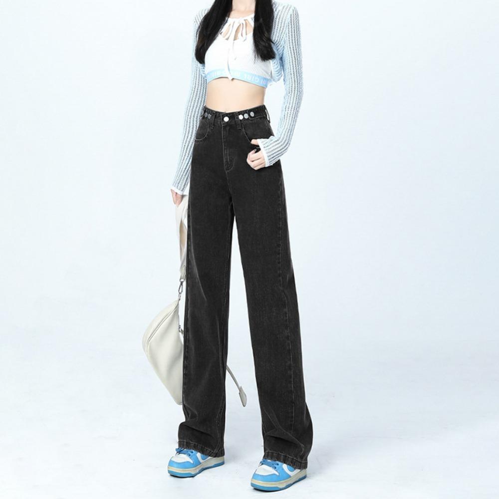 

American adjustable high-waisted wide-leg jeans women s 2025 spring and autumn new thin loose straight floor pants S