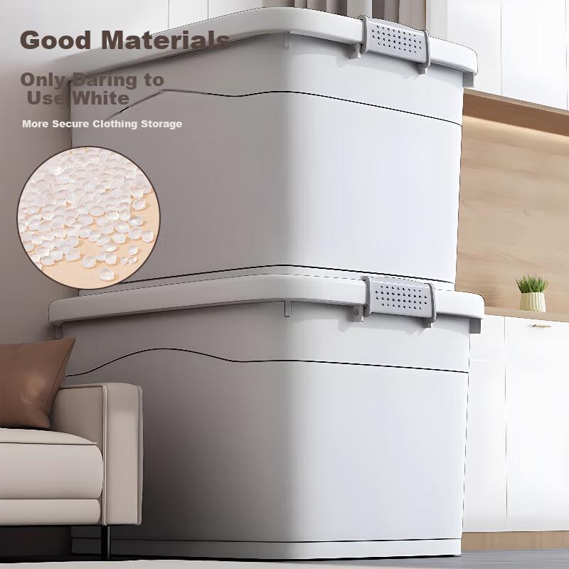 Baicaoyuan Plastic Clothing Storage Box, Toy Storage Box, 52L, Porcelain White, 1 Piece with Wheels