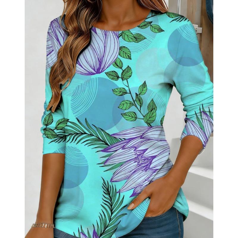 Spring Autumn Women's T-shirt O Neck Long Sleeved 3D Floral Print Fashion Loose Casual Retro Tops