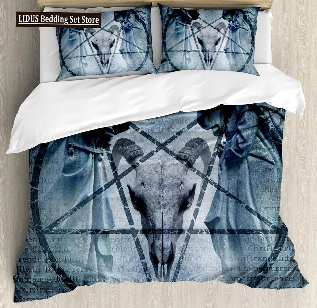 Baphomet Duvet Cover King Queen Size Pentagram With Demon Satanic Goat Head Bedding Set For Boy Men Horror House Comforter Cover