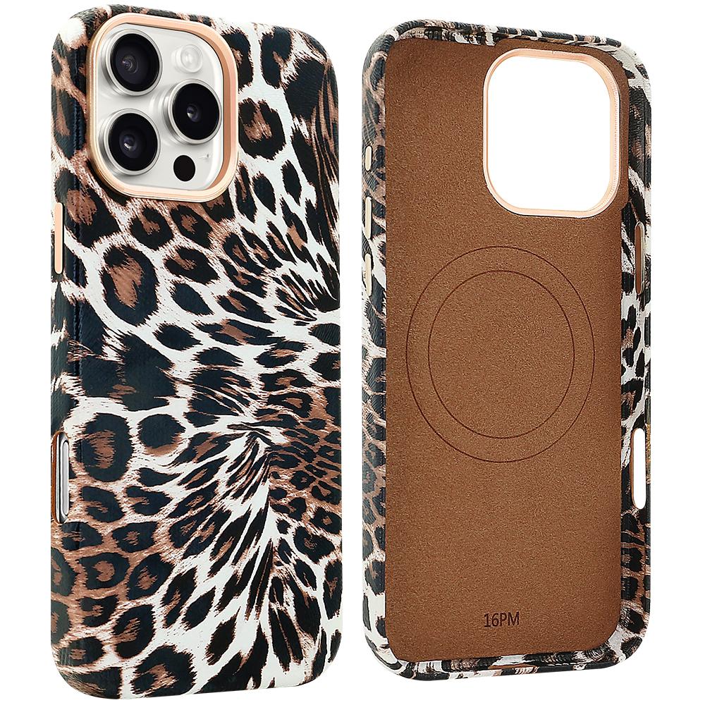 VIETAO Leopard Printing PU Leather Magnetic Wireless Charging Phone Case for IPhone 16 15 Pro Max, 15 Pro 16 Pro Case, Black For iphone 16