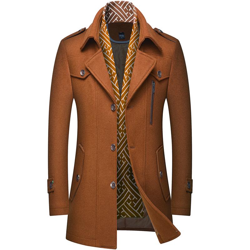 Men's Wool Trench Coat with Scarf Collar, Mid-Length